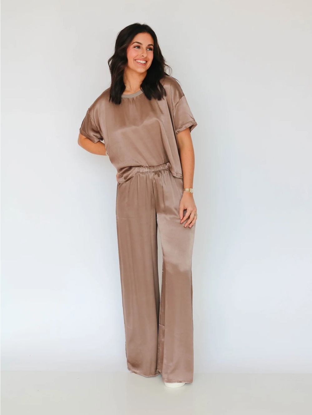 PJ Harlow Relaxed Wide-Leg Satin Pants in Copper